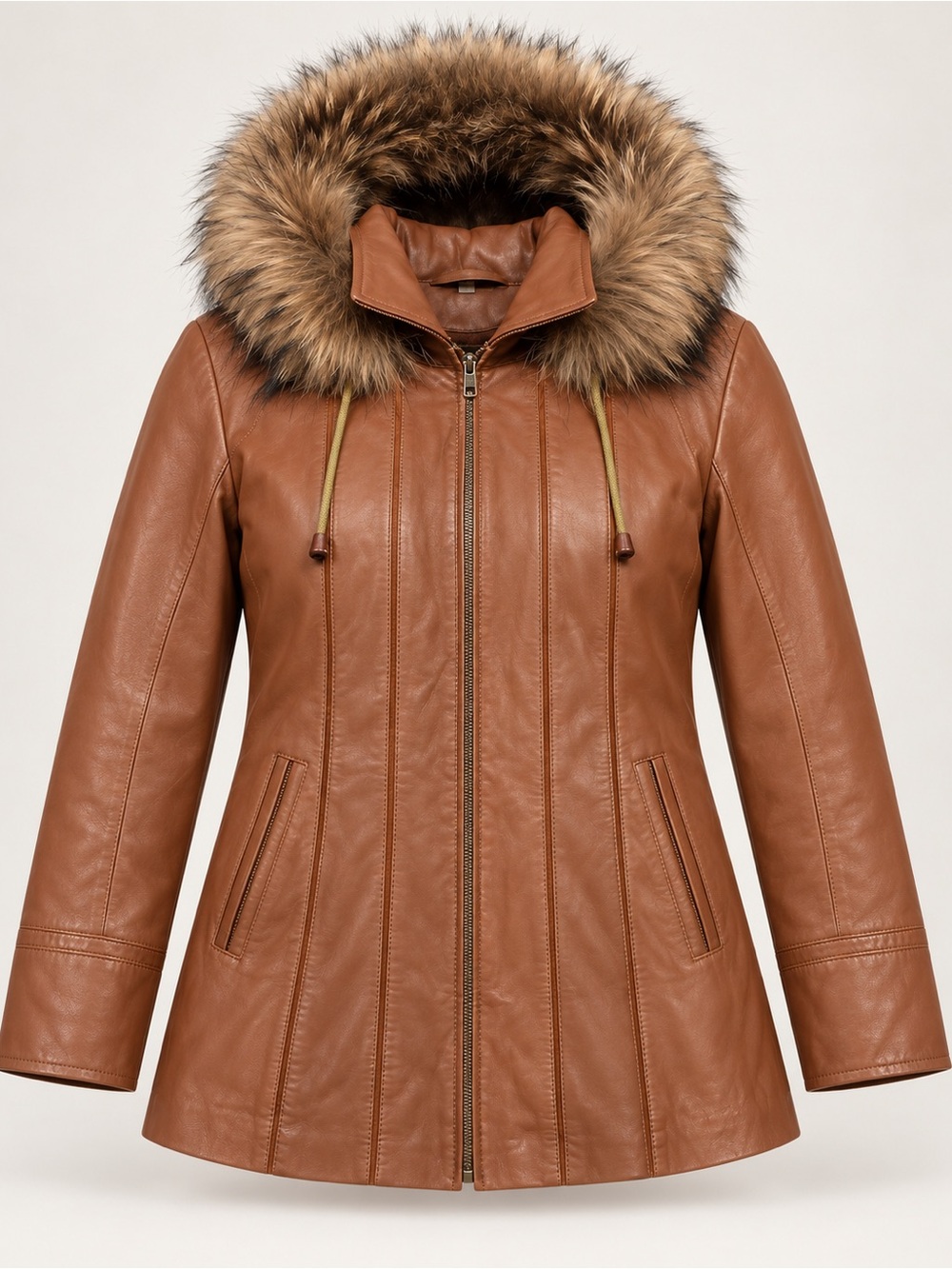 Women's Tan Leather Hooded Jacket with Fur Trim
